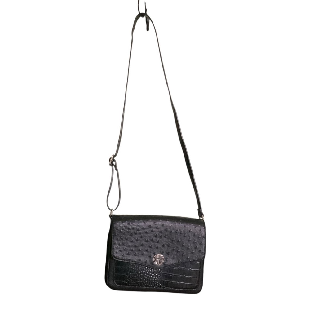 Giani Bernini Black Crossbody Bag Ostrich Croc Embossed Faux Leather Silver